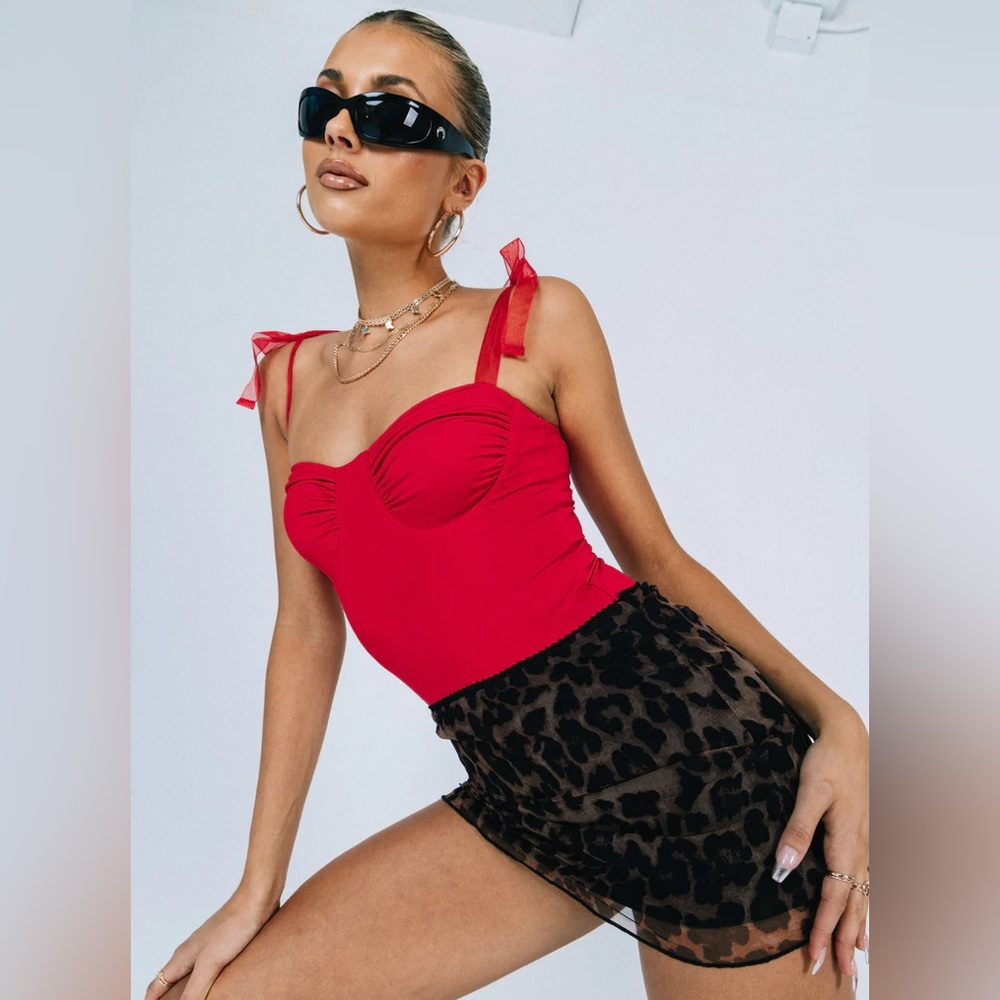 🌹Princess Polly Sweet and Sexy Red Bustier Bodysuit with Sheer Ribbon Straps 🎁